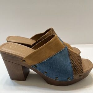 Comfort Women's 11 Y2K Platform Shoes Denim Suede Snake Studs Stitched Blue Tan